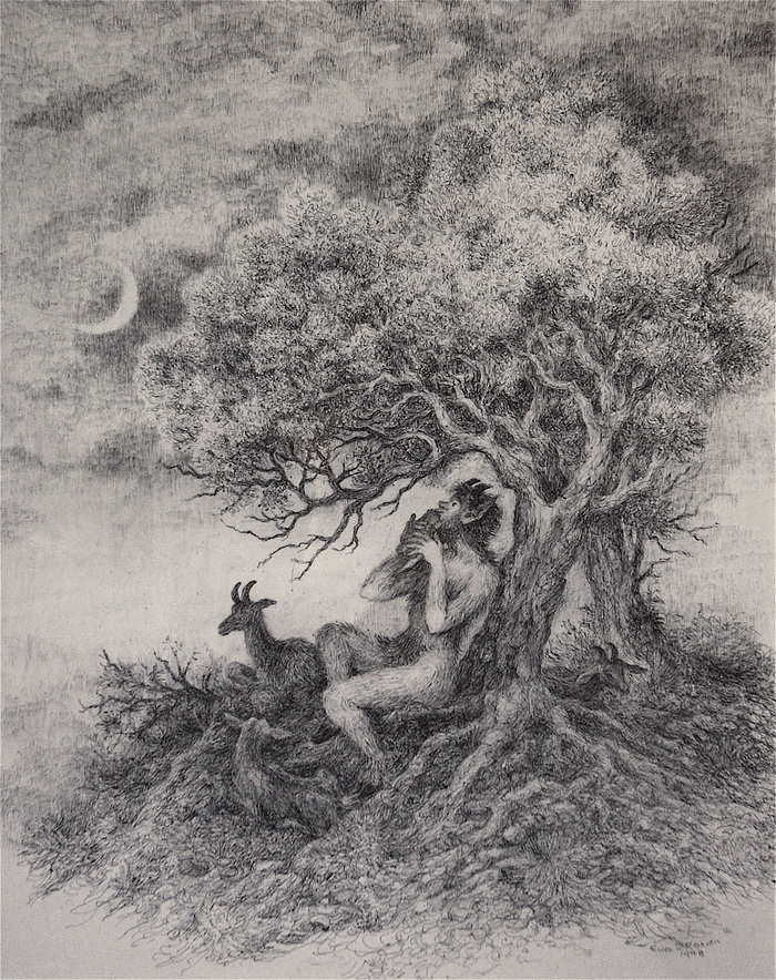 Pan sitzt unter einem Baum und spielt floete. Neben ihm ist eine Ziege.
