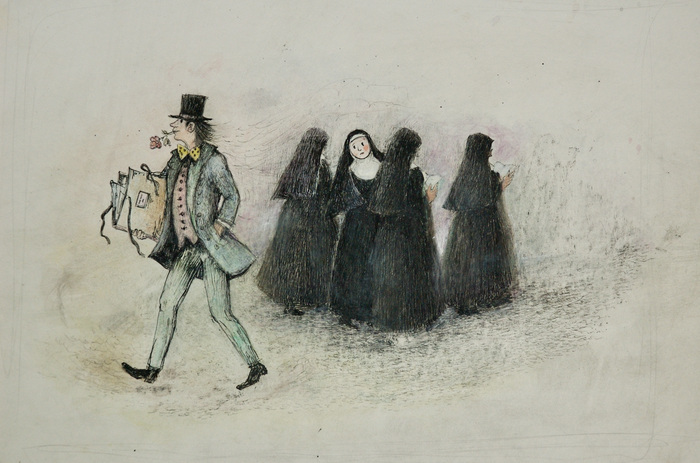 Ein wohlgekleideter Mann mit Zylinder und Blume im Mund und Mappe in der Hand schreitet mit forschem Schritt an einer Gruppe von vier Nonnen vorbei. Eine von ihnen dreht sich zu ihm um.